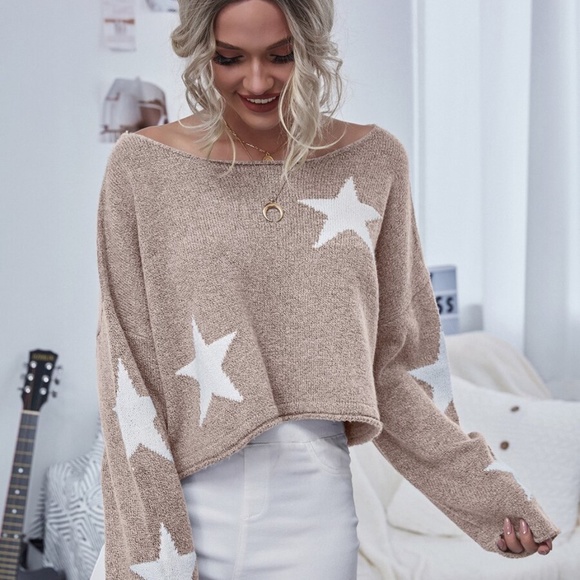 star print off shoulder knit oversized sweater - Picture 9 of 9